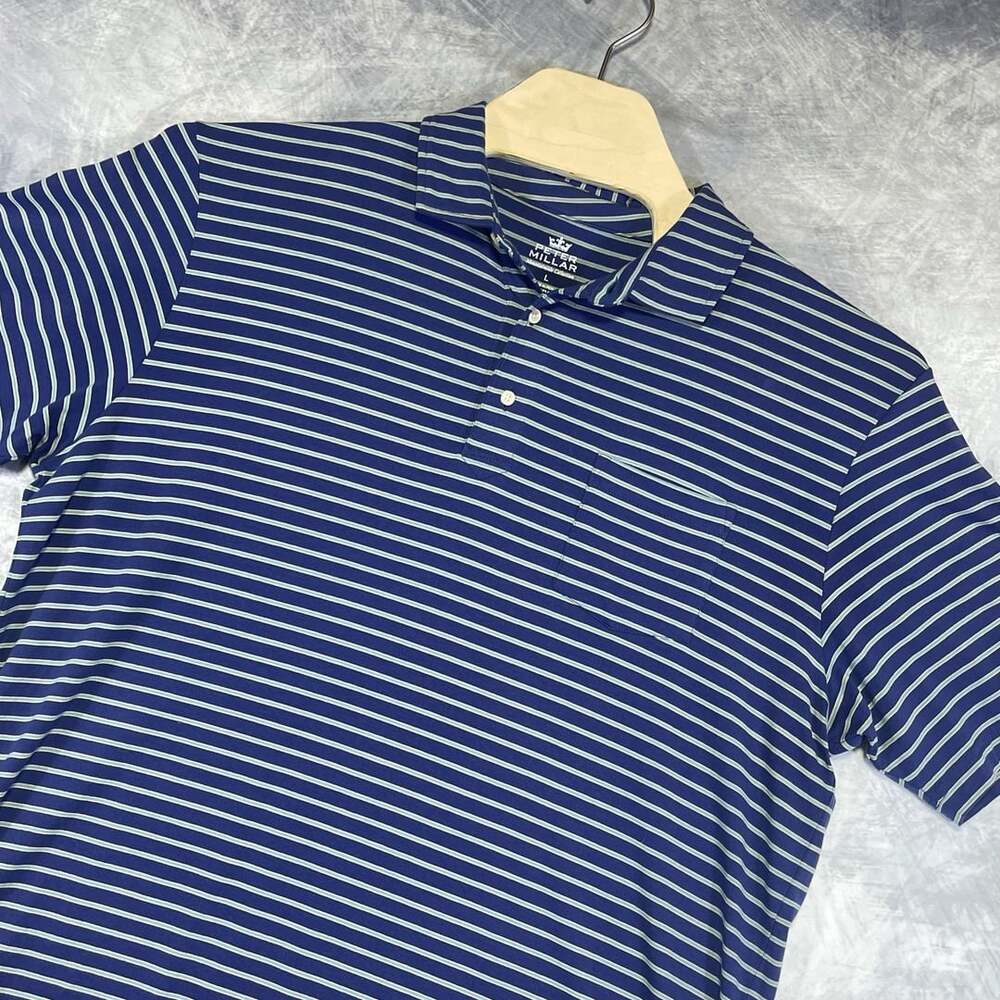 Peter Millar Striped Polo Shirt Size L Blue Golf Pocket